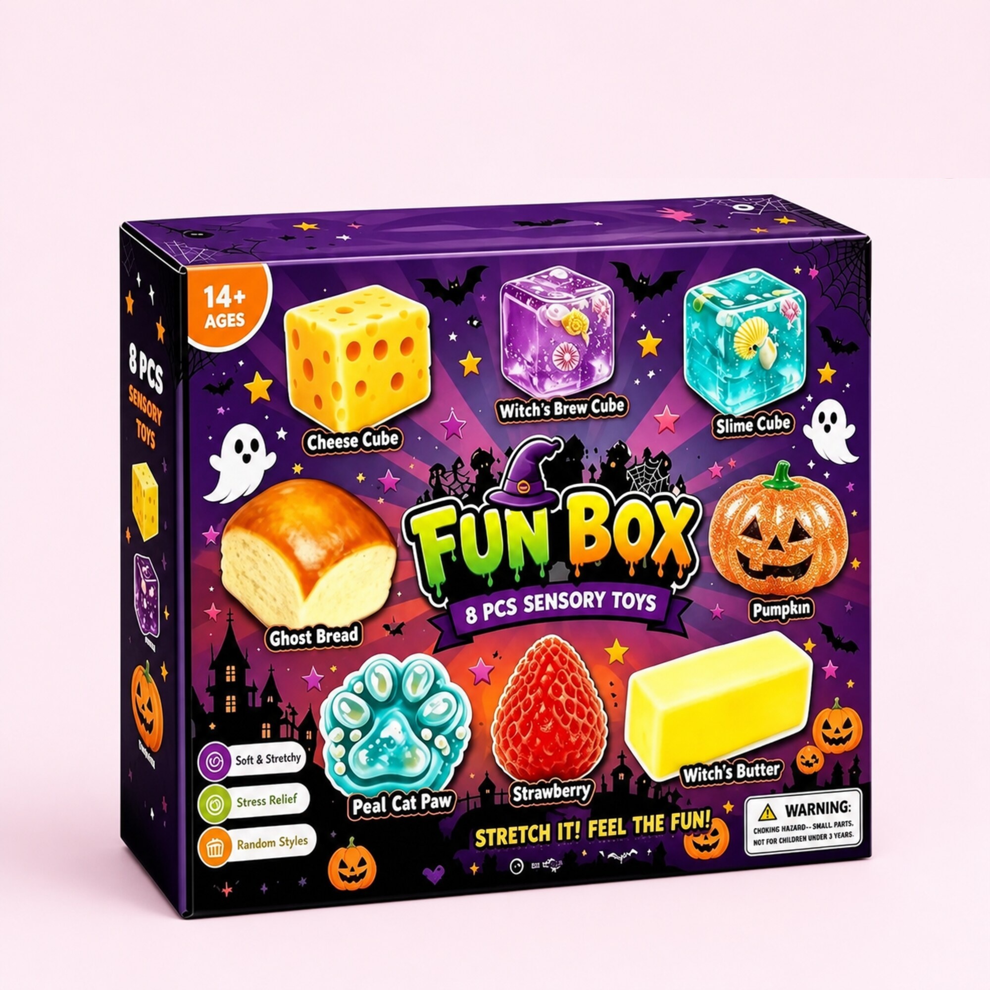 Halloween 8-piece squishy fun box with pumpkin, ghost bread and novelty cube shapes – image 1