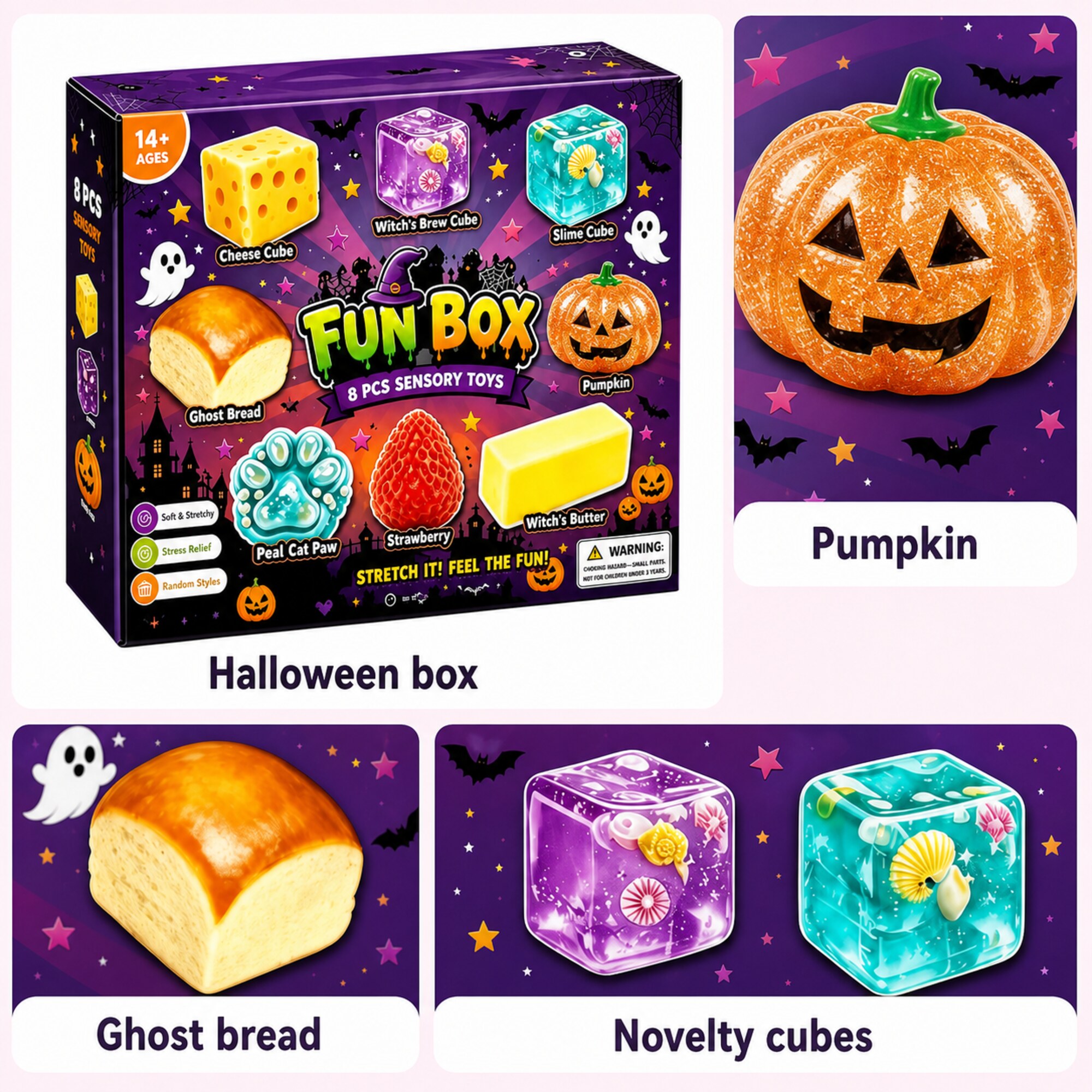 Halloween 8-piece squishy fun box with pumpkin, ghost bread and novelty cube shapes – image 4
