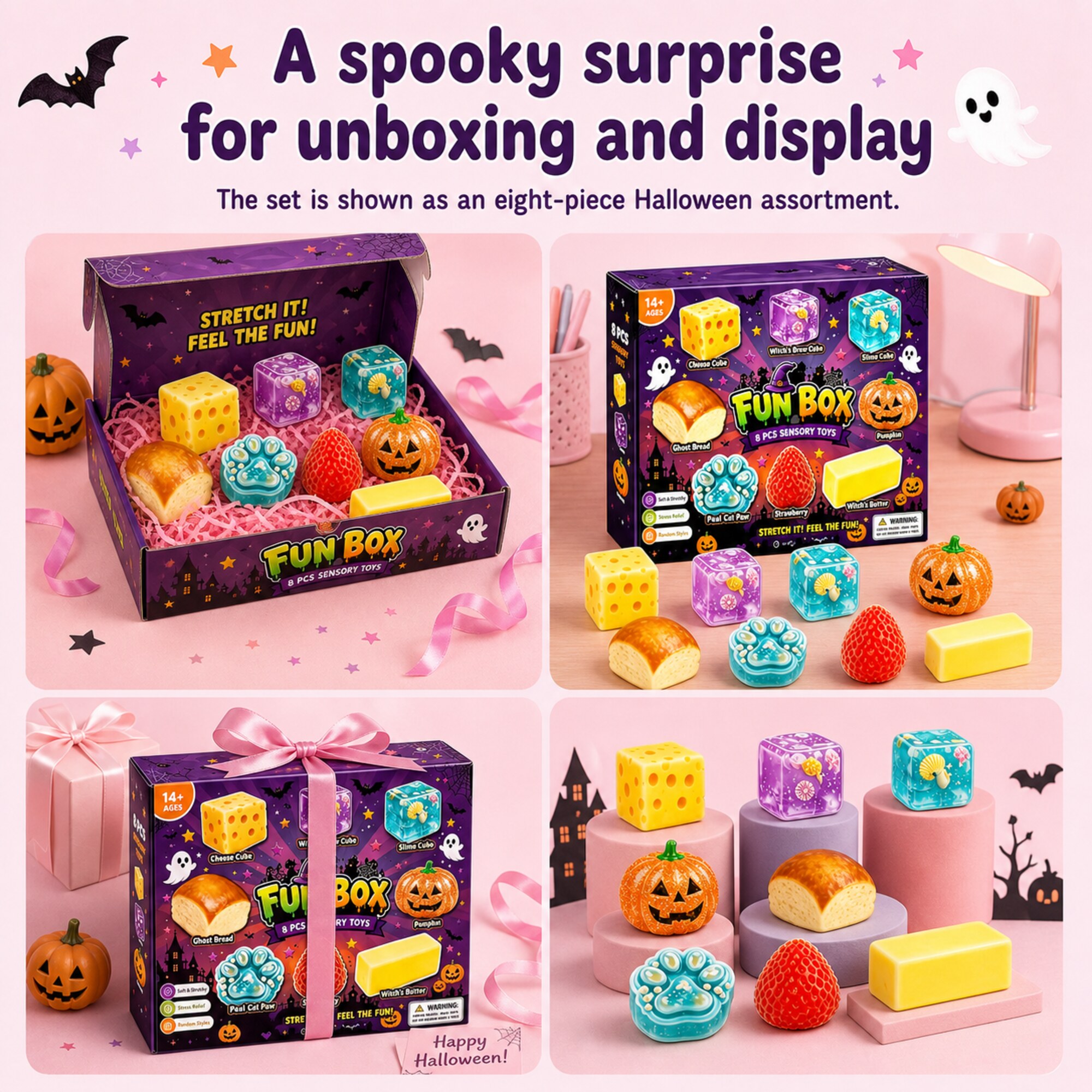 Halloween 8-piece squishy fun box with pumpkin, ghost bread and novelty cube shapes – image 6