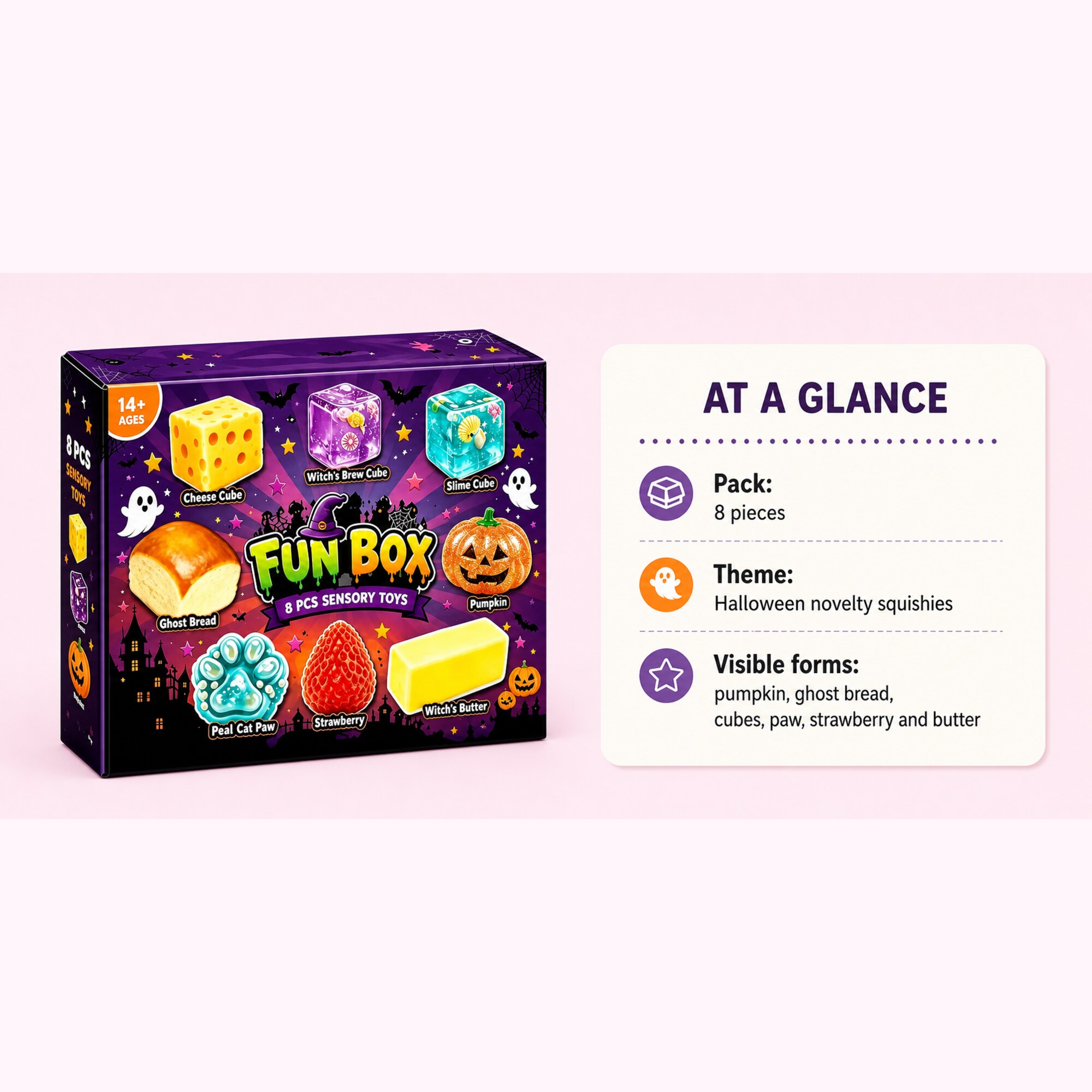 Halloween 8-piece squishy fun box with pumpkin, ghost bread and novelty cube shapes – image 7