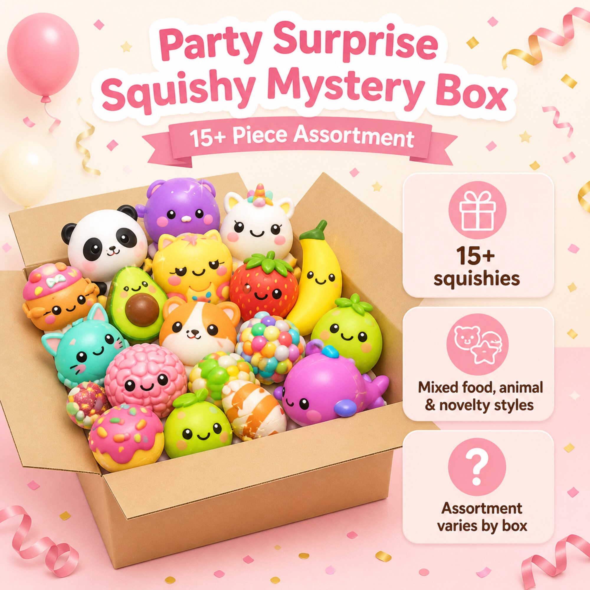Party Surprise Squishy Mystery Box – 15+ Piece Assortment — алтернативен изглед
