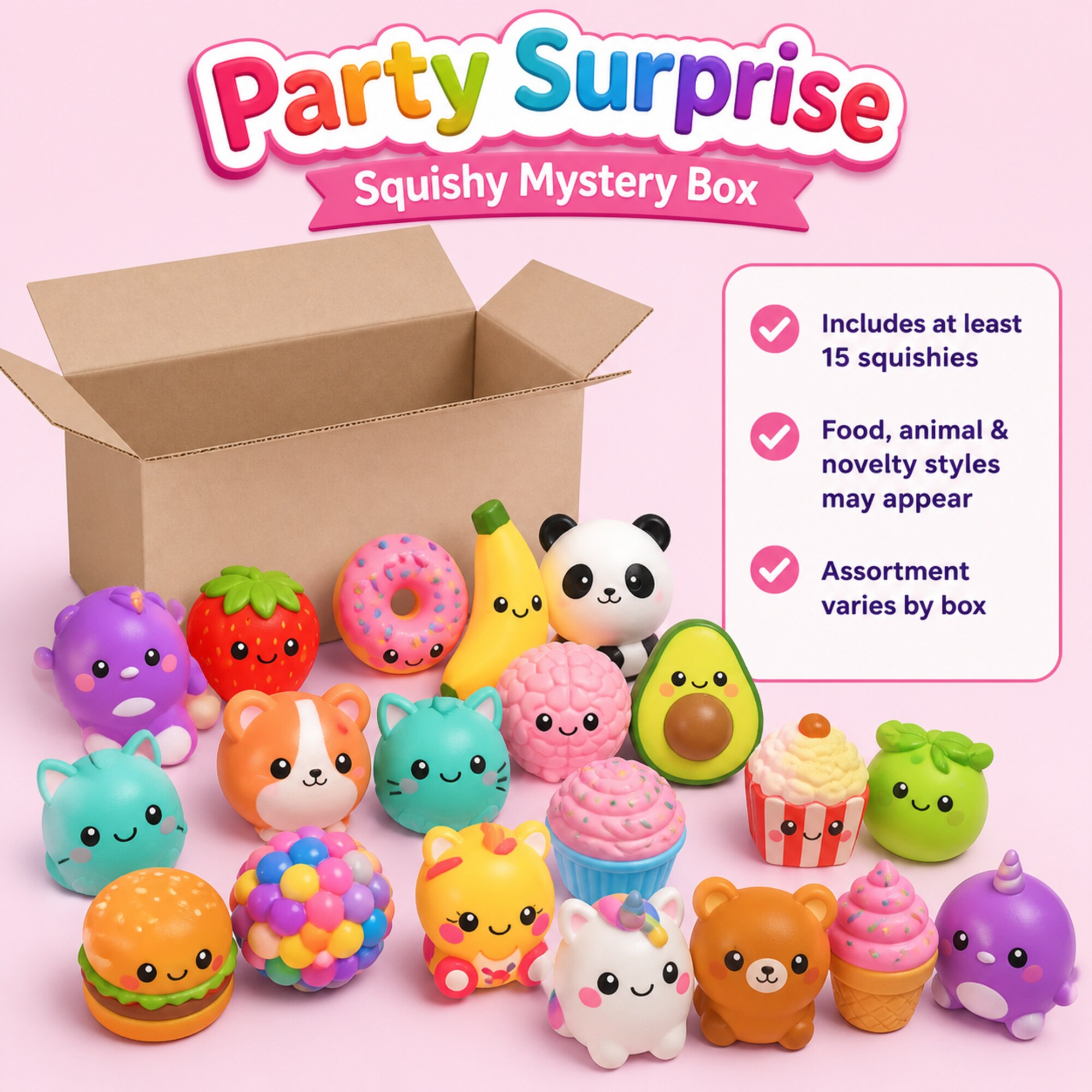 Party Surprise squishy mystery box with 15 or more assorted squishies