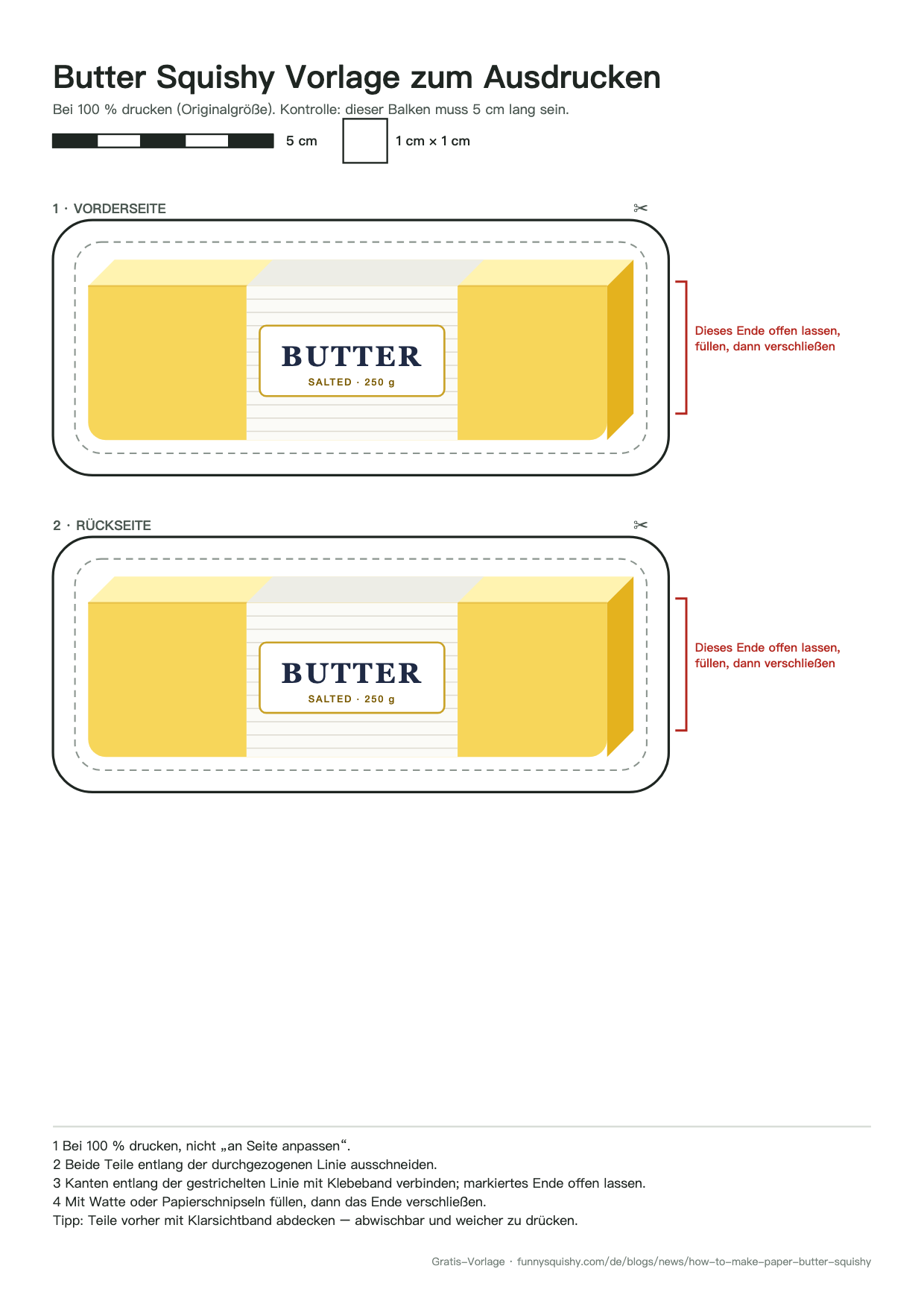 Vorschau der Butter Squishy Vorlage: Vorder- und Rückseite mit Schnittlinie, Klebeführung und 5-cm-Balken