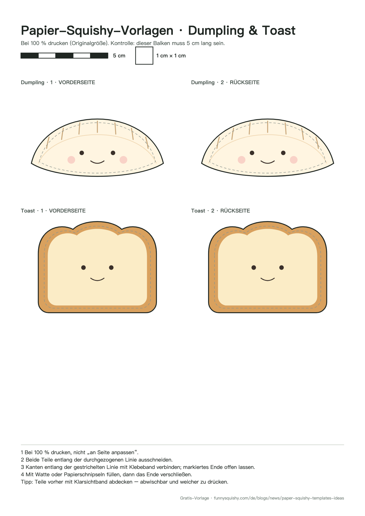 Vorschau der Squishy Vorlagen: Dumpling und Toast, Vorder- und Rückseite, mit Schnittlinien und 5-cm-Balken