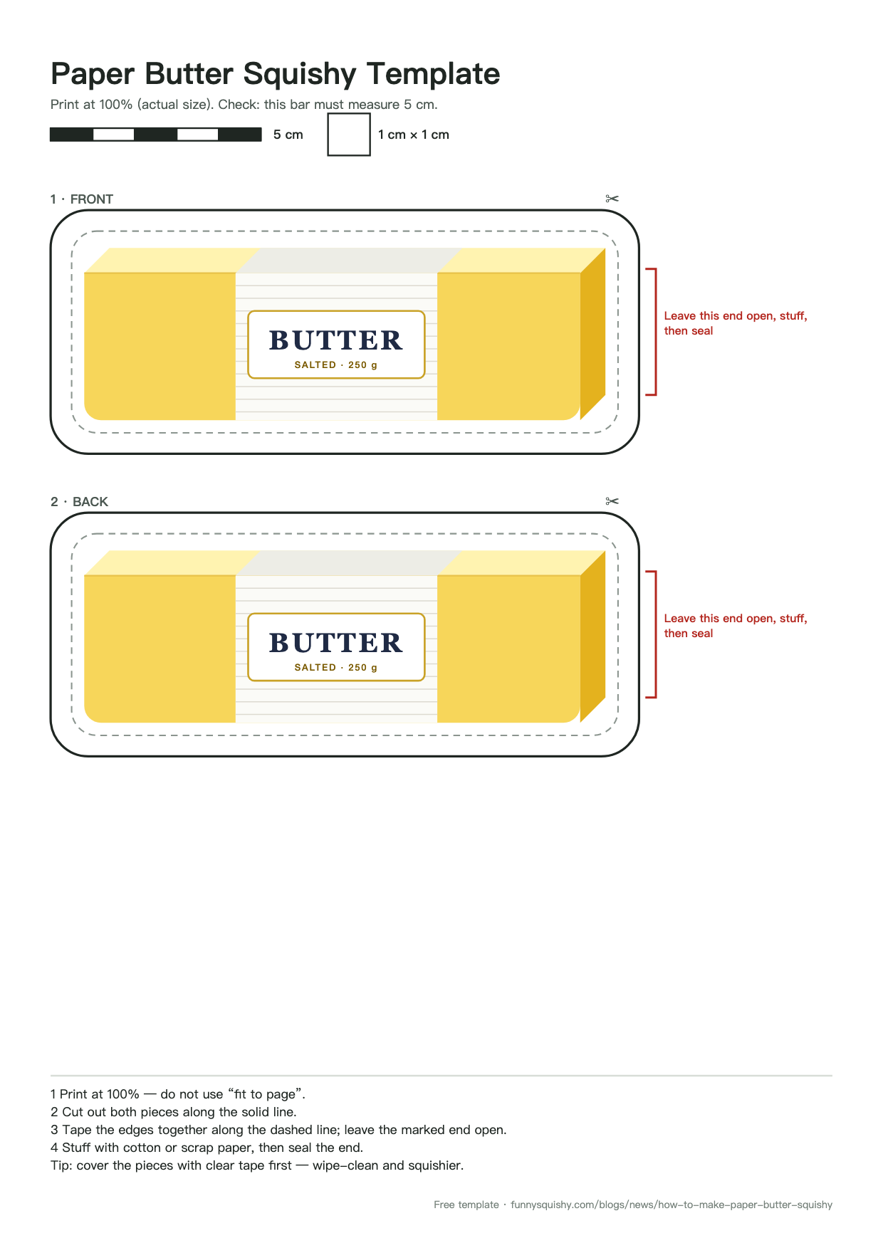 Paper butter squishy template preview: front and back pieces with cut line, taping guide and 5 cm scale bar