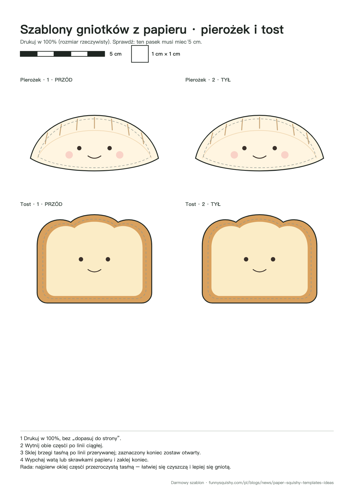 Podgląd szablonów gniotków z papieru: pierożek i tost, przód i tył, z liniami cięcia i paskiem 5 cm